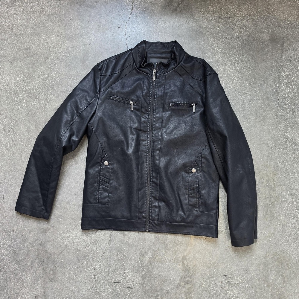 American Breed Jacket Mens Large Black Faux Leather Biker Full Zip Lined Moto